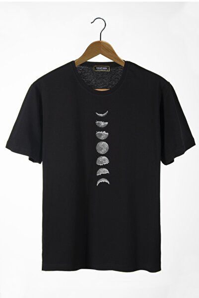 COLLIE Tricou negru pentru bărbați, cu imprimeu Phases of the Moon, cu gât ro...