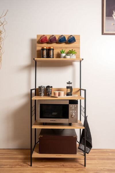 Mudesa Metal Ahşap Fırın Rafı Dekoratif Kahve Rafı Mutfak Bangosu Mikrodalga Fırın Dolabı