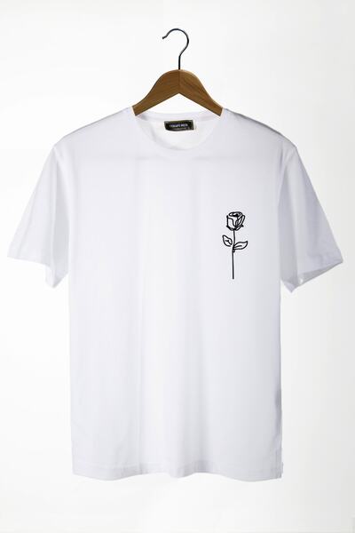 COLLIE Tricou de bază pentru bărbați, cu imprimeu cu trandafiri albi, cu gât ...