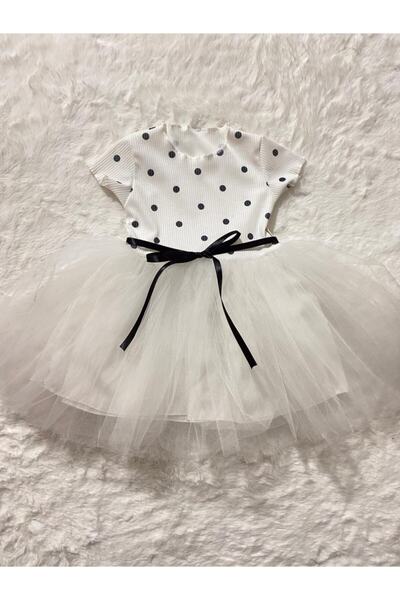 Portakal Bebek Tüllü Puantiye Desenli Elbise