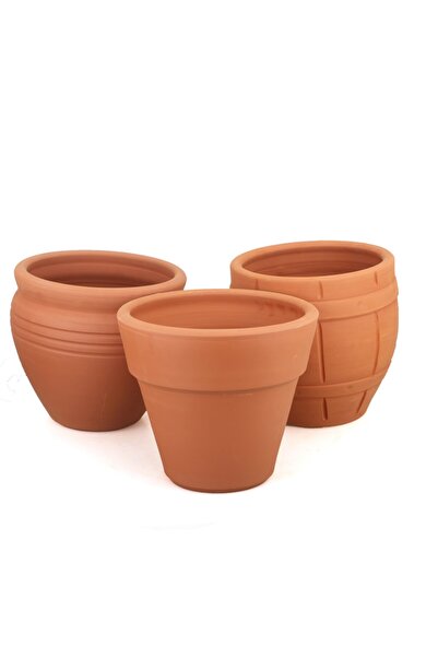 Genel Markalar 3lü Büyük Boy Doğal Terleyen El Yapımı Çömlek Toprak Saksı Set...