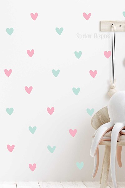 Sticker Ekspres Açık Pembe Mint Yeşili Asimetrik Kalpler Çocuk Odası Duvar St...