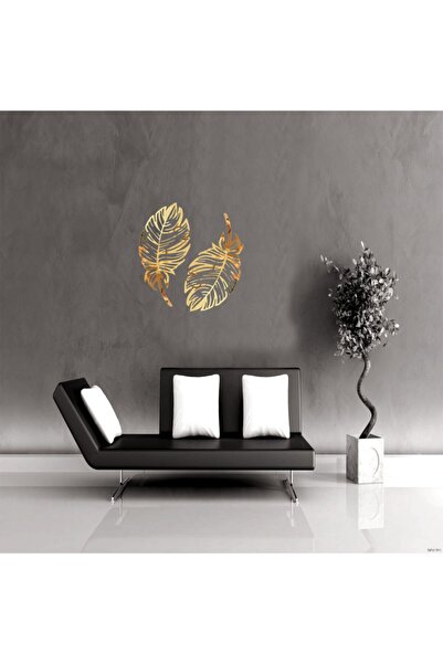 GİZEM SHOP Dekoratif Kuş Tüyü Ikili Set Lazer Kesim Gold