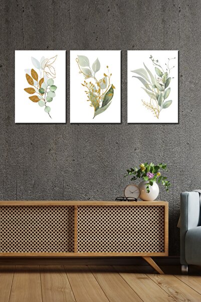 GİZEM SHOP Yeşil Çiçekler Art 3 Parça Modern Duvar Tablosu Yüksek Çözünürlük Uv Baskı Tekniği 40x30