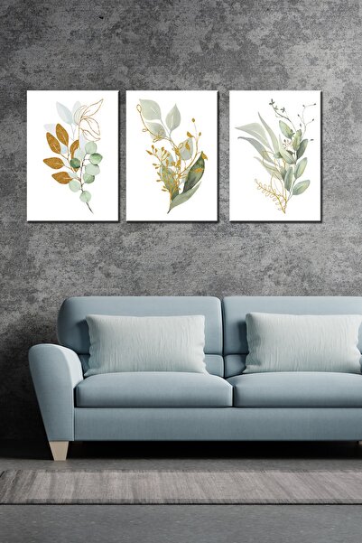 GİZEM SHOP Yeşil Çiçekler Art 3 Parça Modern Duvar Tablosu Yüksek Çözünürlük Uv Baskı Tekniği 40x30
