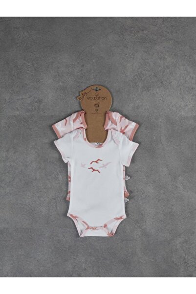 Ecocotton Turna Bebek Zıbın Setı Kısa Kollu 2 'li Set Beyaz Somon 6-9 Ay