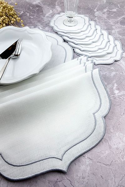 WEARE2 Gray Color Double Wrap Embroidered 12 Piece Set Placemat And Cocktail Napkin