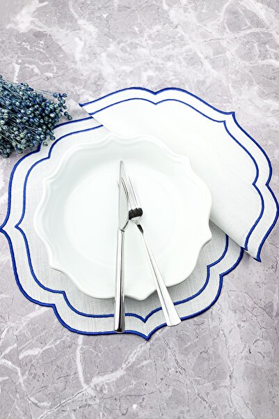 WEARE2 مفرش أطباق مطرز بلف مزدوج باللون الأزرق مكون من قطعتين