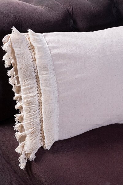 vivamaison Tekli Özel Tasarım Krem Ekru Dantelli Püsküllü Keten Kırlent Yastık Kılıfı 35x55 Cm