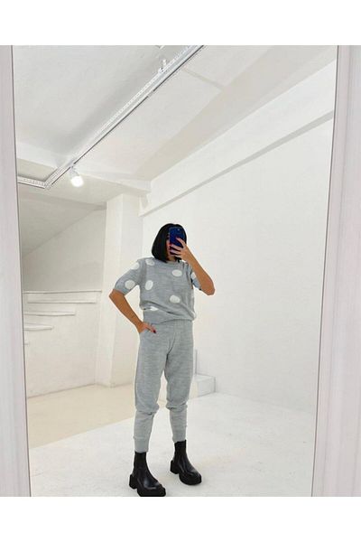 1Moda1Tarz Women's Gray Geometric Pattern Knitwear Bottom-top Seasonal Suit Top Blouse Bottom Pocket Detailed Trousers