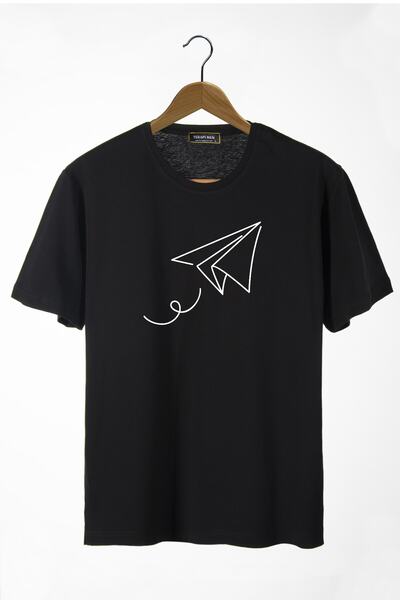 COLLIE Tricou de bază pentru bărbați, negru, cu imprimeu cu avion, cu gât rot...