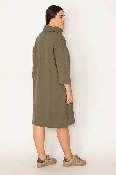 Şans Tekstil Dámské khaki šaty s límečkem Capri s rukávem 26a31484