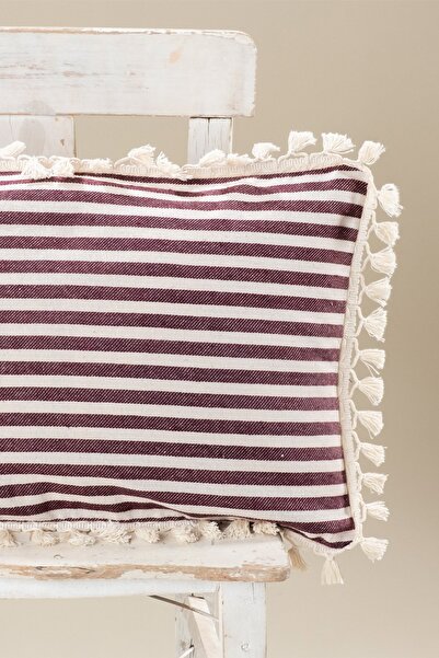 vivamaison Tekli Özel Tasarım Bordo Çizgili Keten Ponponlu Kırlent Yastık Kılıfı 35x55 Cm