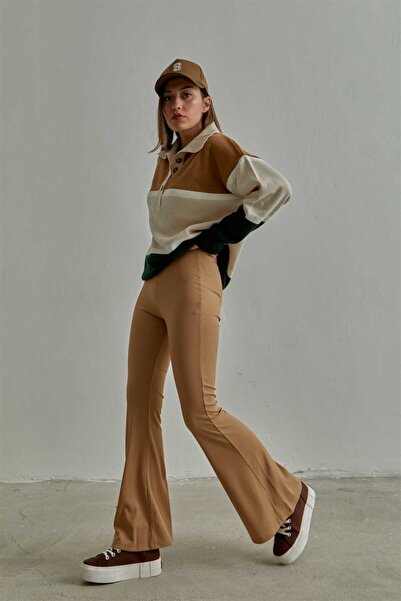 Swana Kadın Camel Yüksek Bel Fitilli Ispanyol Paça Tayt Pantolon