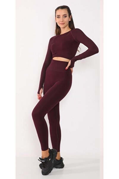 MAGZA Kadın Mor Extra Yüksek Bel Dikişsiz Spor Tayt Crop Ile Takım