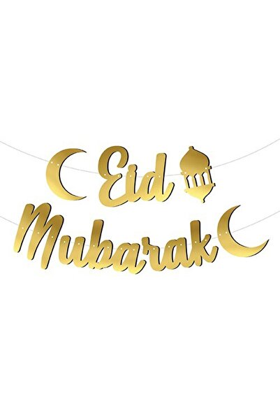 Huzur Party Store Eid Mubarak Yazılı Kaligrafi Banner Gold Renkli 200x30 Cm R...