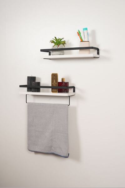 Mudesa Banyo Rafı Ahşap Metal Banyo Havluluk 2 Raflı Duvara Monte Sabunluk