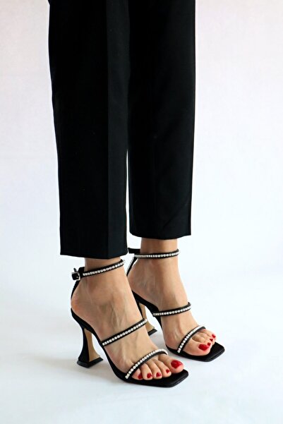 Ömer Ediz Shoes Black Satin Stone Detailed Sandals
