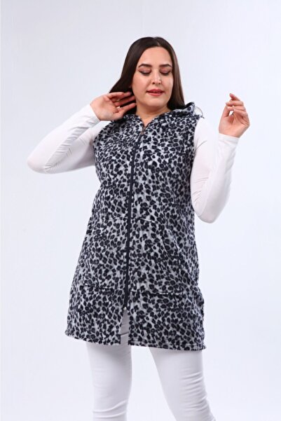 Nehir tekstil Women's Gray Hooded Zippered Long Fleece Vest