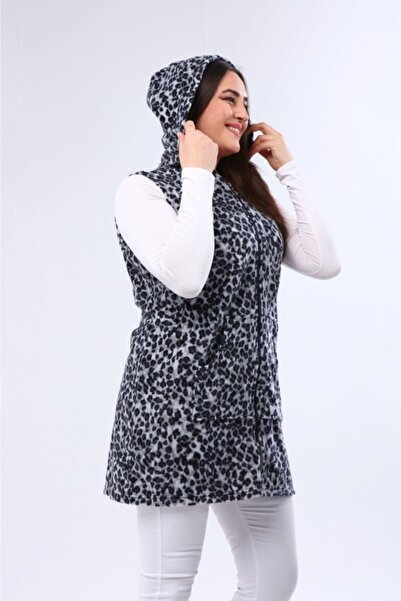 Nehir tekstil Women's Gray Hooded Zippered Long Fleece Vest