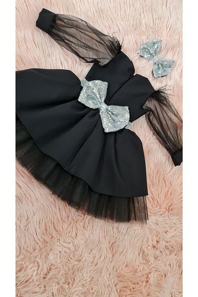 NA ADDESIGN Girl's Black Sleeves Tulle Detail Puffy Evening Dress