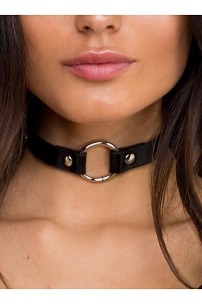 Kirpi Women's Black Ring Detail Leather Choker Chocker Necklace
