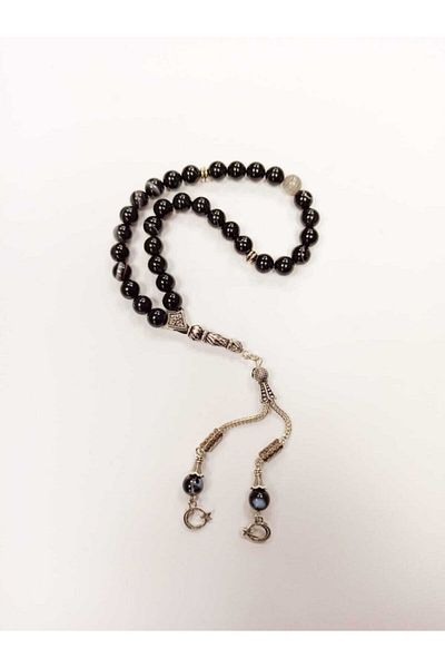Yüksel Boncuk 8mm Black Agate Natural Stone Alpaca Prayer Beads - With Spare String and Knot Hiding Gift