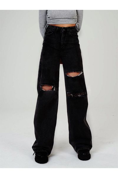 LİMABEL Bluză de damă neagră cu picior lat cu detaliu Palazzo Jean Jean cu picioare largi Colorfast Black Jean