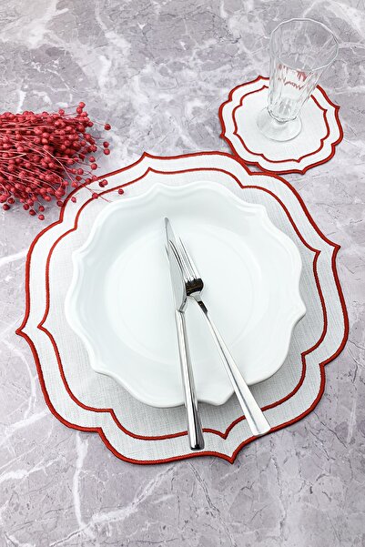 WEARE2 Red Color Double Wrap Embroidered 2 Piece Set Placemat And Cocktail Na...