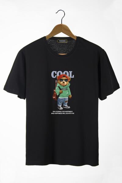 COLLIE Tricou negru pentru bărbați, cu imprimeu Cool Teddy Bear, cu gât rotun...