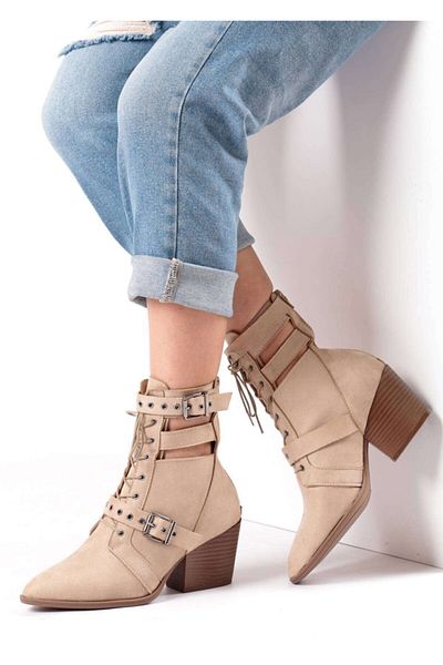 Bej Ayakkabı Women's Coco Buckle and Tie Detail Back Zipper Heeled Boots Tan