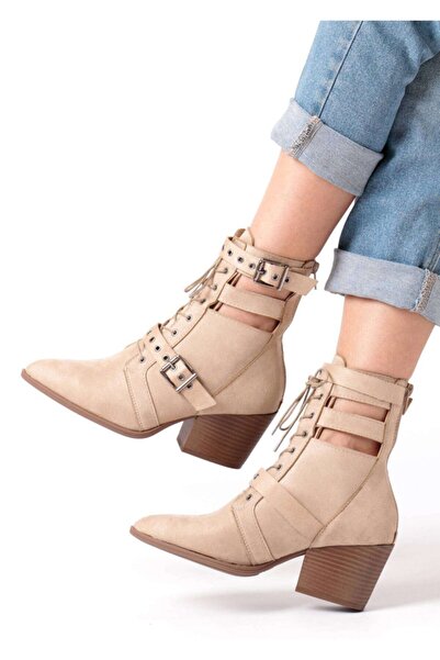 Bej Ayakkabı Women's Coco Buckle and Tie Detail Back Zipper Heeled Boots Tan