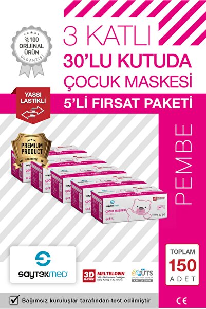 SAYTEKMED Premium Pembe Çocuk Maskesi, 3 Katlı Meltblown Filtreli, Yassı Kula...