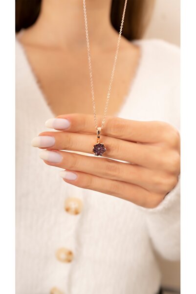 Eva Jewelry Lotus Çiçeği Mor Taşlı 14 K Rose Gold Kaplama Kadın Kolye
