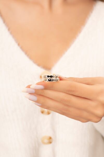 Eva Jewelry Kedi Ve Balık Figürlü Gümüş Kaplama Ayarlanabilir Çift Alyans Yüzük