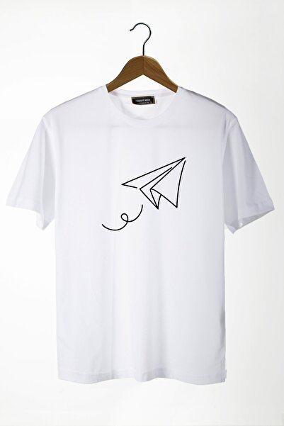 COLLIE Tricou de bază pentru bărbați, alb, cu imprimeu cu avion, cu gât rotun...