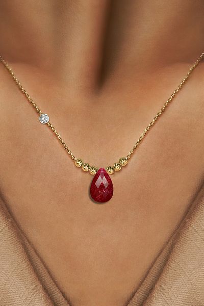 Demas Gold Diamond 14 K GOLD DORICA RUBY COLORED Drop Rhinestone NECKLACE