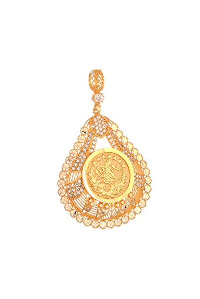 Mücevher Dünyası 22 Ayar Taşlı Tuğralı Kolye Ucu Altın Madalyon - 8,88 Gr.