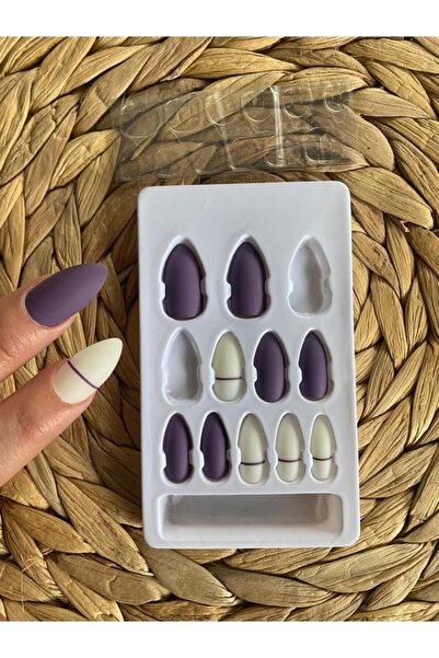 SYBELLE KOZMETİK 12 Adet Mor Beyaz Mat Badem Takma Tırnak