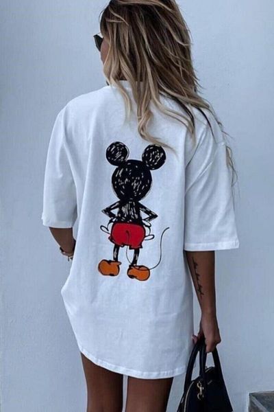MODAGEN Women's White Mickey Mouse Oversize T-shirt