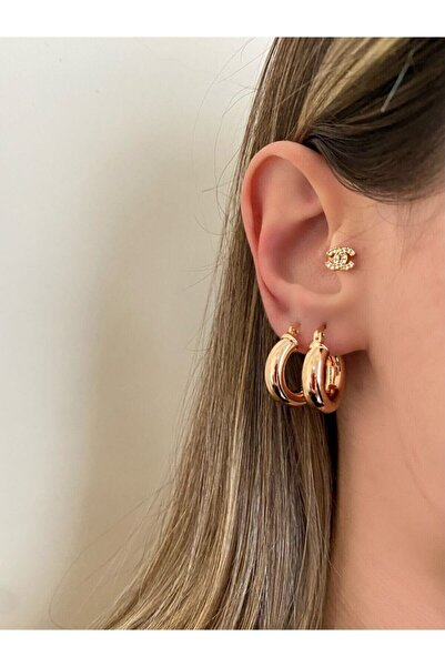 Women's Gold Color Mini Double Ring Earrings Pair
