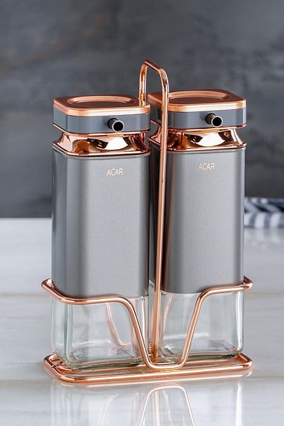 ACAR Algae-011554 Black Magic 2-Piece Square Glass Oil Vinegar Set with Metal Stand - Nardo Gray Fma04046