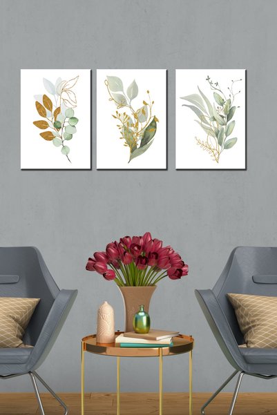 GİZEM SHOP Yeşil Çiçekler Art 3 Parça Modern Duvar Tablosu Yüksek Çözünürlük Uv Baskı Tekniği 40x30
