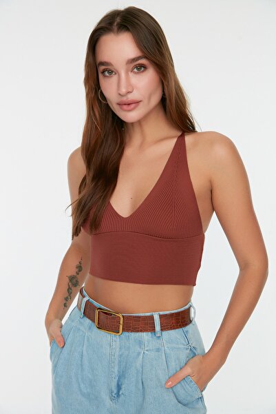 Trendyol Collection Καφέ Super Crop Λεπτή Μπλούζα με Πλάτη TWOSS22BZ0760