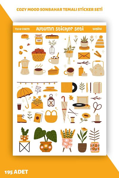 TUGİBU Cozy Mode Autumn Hygge Sticker Set 195 Pieces Decal Label for Agenda, Notebook, Planner