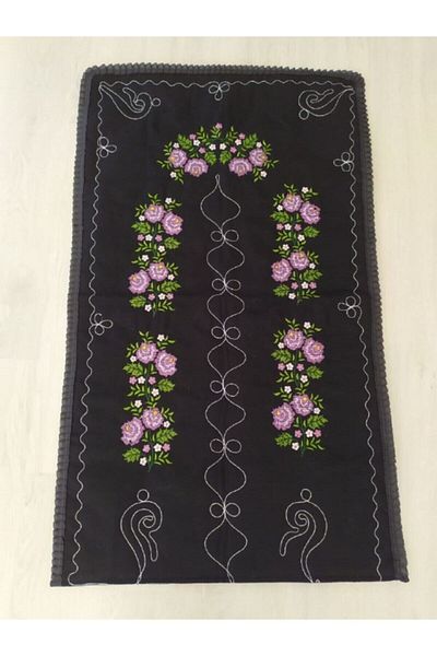 Çeyiz Bahçesi Siamese Prayer Rug Black Rose Embroidered Cross Stitch