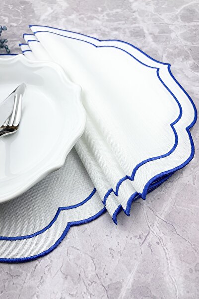 WEARE2 مفارش أطباق مطرزة بلف مزدوج باللون الأزرق مكونة من 4 قطع