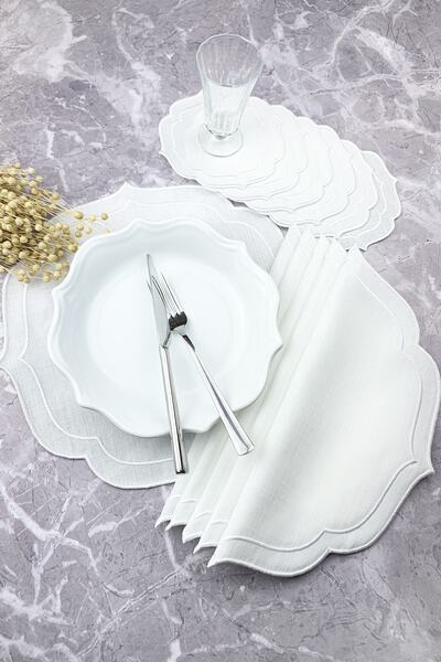 WEARE2 Beyaz Renkli Çift Sargı Nakışlı 12 Parça Set Amerikan Servis Ve Kokteyl Peçetesi