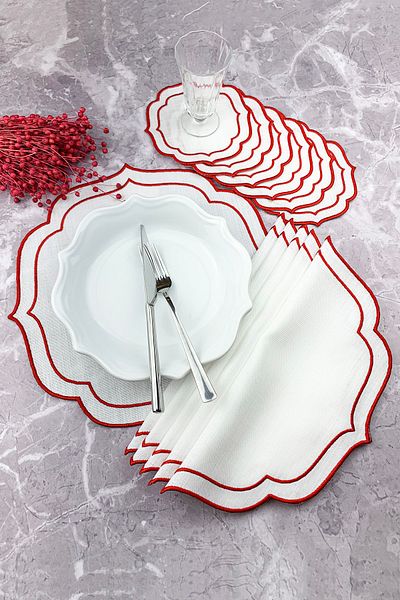 WEARE2 Red Color Double Wrap Embroidered 12 Piece Set Placemat And Cocktail Napkin