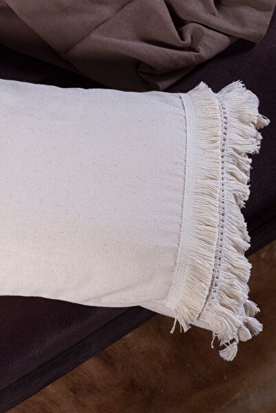 vivamaison Tekli Özel Tasarım Krem Ekru Dantelli Püsküllü Keten Kırlent Yastık Kılıfı 35x55 Cm